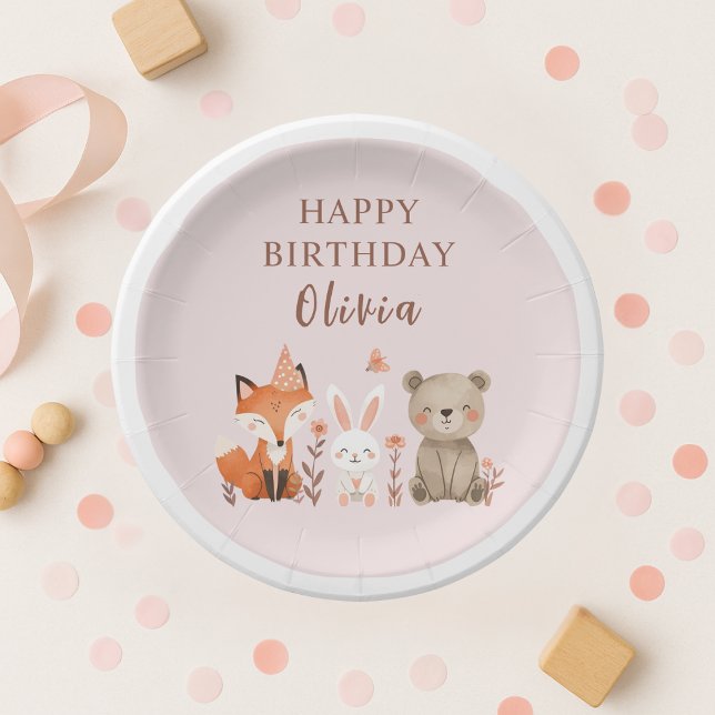 Assiettes En Carton Animaux des bois rose d'anniversaire (Créateur téléchargé)