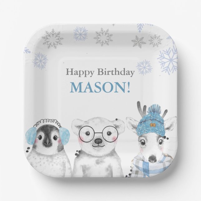 Assiettes En Carton Animaux d'hiver Enfant d'anniversaire (Recto)