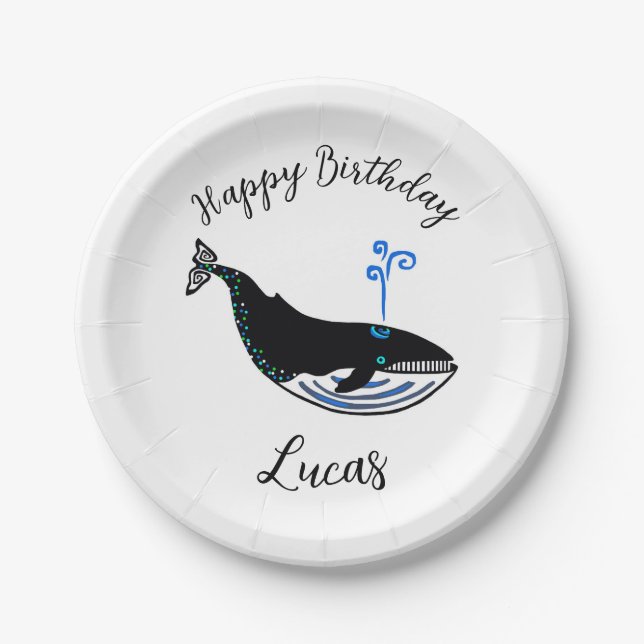 Assiettes En Carton Animaux sauvages - BALEINE Bleue - Joyeux annivers (Devant)
