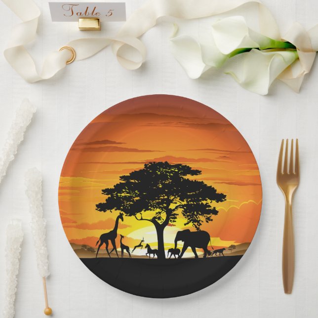 Assiettes En Carton Animaux sauvages sur le coucher de soleil de la sa (Mariage)