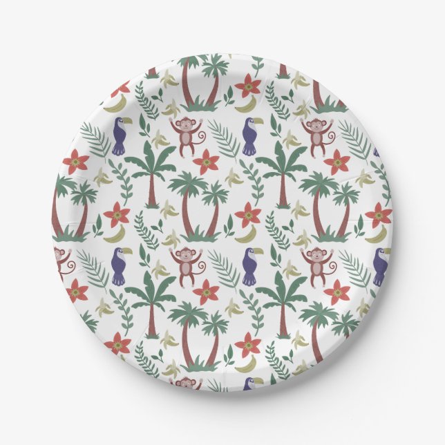 Assiettes En Carton Animaux tropicaux sans soudure motif macaw et sing (Devant)