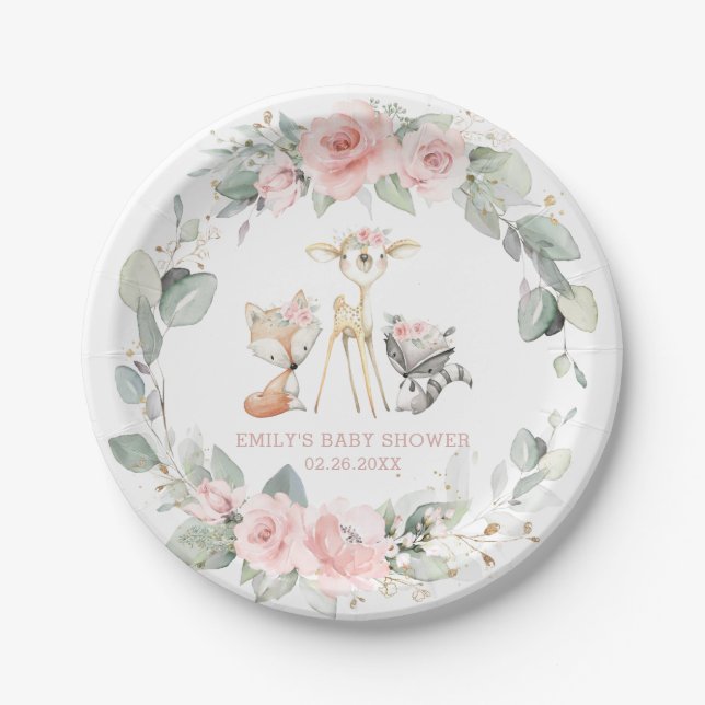 Assiettes En Carton Animaux Whimsical Woodland Baby shower rose Floral (Devant)
