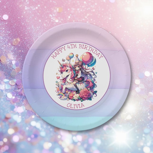 Assiettes En Carton Anime Girl on Unicorn Anniversaire Personnalisé (Créateur téléchargé)
