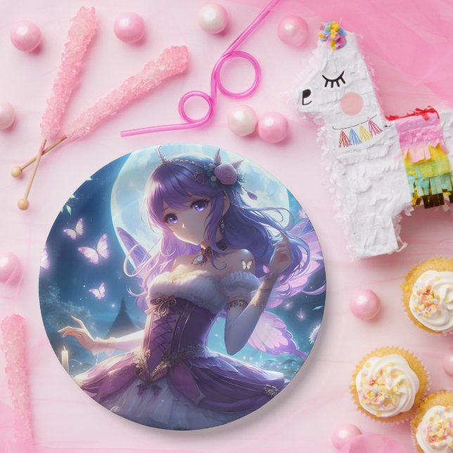 Assiettes En Carton Anime Girl Violet Papillon Aile Lune Fée (Fête)