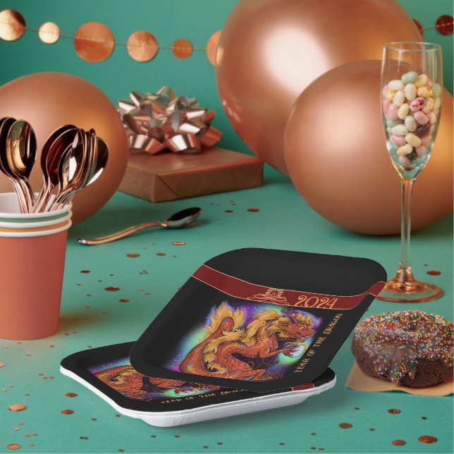 Assiettes En Carton Année chinoise du zodiaque du dragon 2024 Nouvel A (Multi)