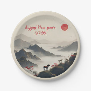 Assiettes En Carton Année du Cheval 2026 Nouvel An Chinois Montagne