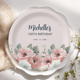 Assiettes En Carton Anniversaire 100 ans Fleurs Aquarelle Rose Blanc