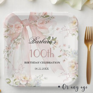 Assiettes En Carton Anniversaire 100 ans Fleurs Ruban Rose Aquarelle É