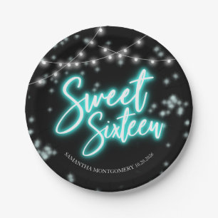 Assiettes En Carton Anniversaire 16 ans Fête sombre Teal Neon Glow