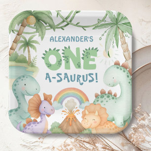 Assiettes En Carton Anniversaire 1ère année de Dinosaur A-Saurus Dino