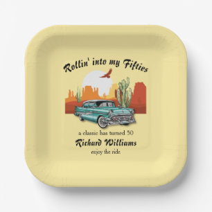 Assiettes En Carton Anniversaire 50 ans Homme Retro Classic Blue Car D