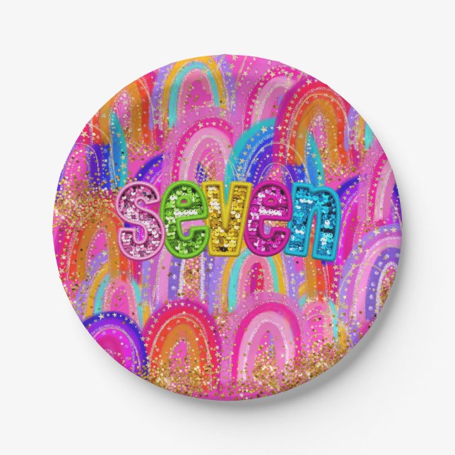 Assiettes En Carton Anniversaire 6 ans Sequins Arc-en-Ciel (Devant)