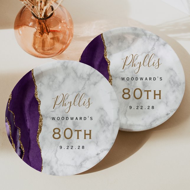 Assiettes En Carton Anniversaire 80 ans écriture dorée Marbre Agate Vi (Créateur téléchargé)