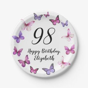 Assiettes En Carton Anniversaire 98 ans Papillons Rose Violet