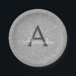 Assiettes En Carton Anniversaire à monogramme Luxueux Paillettes et Br<br><div class="desc">Assiettes de fête Luxueuses Argentées Faux Paillettes et Brillants Élégantes pour Anniversaire ou Enterrement de Vie de Jeune Fille. Ces assiettes de Mariage,  de Réception de Mariage ou de Fête d'Anniversaire peuvent être personnalisées pour inclure votre initiale et prénom. Veuillez contacter le concepteur pour des articles assortis personnalisés.</div>