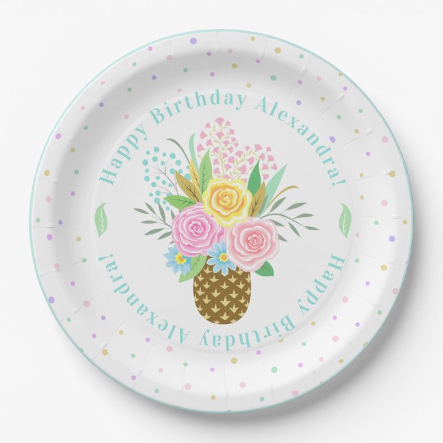 Assiettes En Carton Anniversaire Anniversaire Ananas Rose Bouquet rose (Devant)