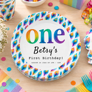 Assiettes En Carton Anniversaire Arc-en-Ciel Aquarelle 1 an   Bébé Col