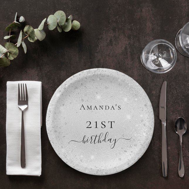 Assiettes En Carton Anniversaire argent parties scintillant monogramme (Créateur téléchargé)