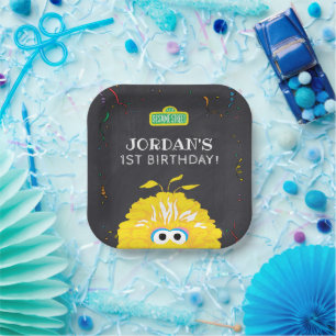 Assiettes En Carton Anniversaire avec Big Bird et confettis sur tablea