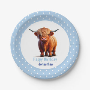 Assiettes En Carton Anniversaire bleu de Cow Highland