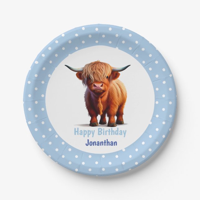 Assiettes En Carton Anniversaire bleu de Cow Highland (Devant)