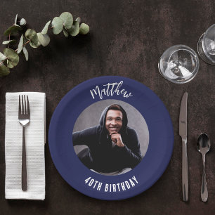 Assiettes En Carton Anniversaire bleu marine photo blanche