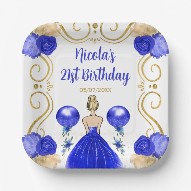 Assiettes En Carton Anniversaire Blonde Princesse en bleu (Recto)