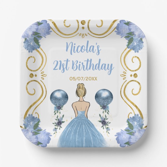 Assiettes En Carton Anniversaire Blonde Princesse en Dusty Blue (Recto)