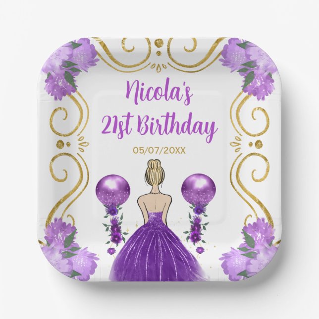 Assiettes En Carton Anniversaire Blonde Princesse en violet (Recto)