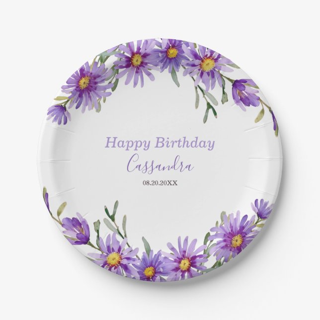 Assiettes En Carton Anniversaire botanique floral de Violet Aster (Devant)