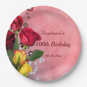 Assiettes En Carton Anniversaire chic de roses rouges et jaunes 100th