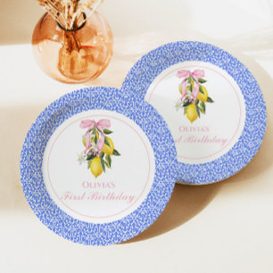 Assiettes En Carton Anniversaire de 1 an prépa Ruban Rose Citron
