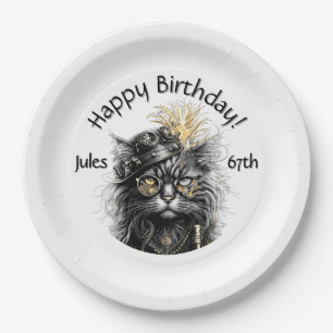 Assiettes En Carton Anniversaire de chat Steampunk avec nom et âge