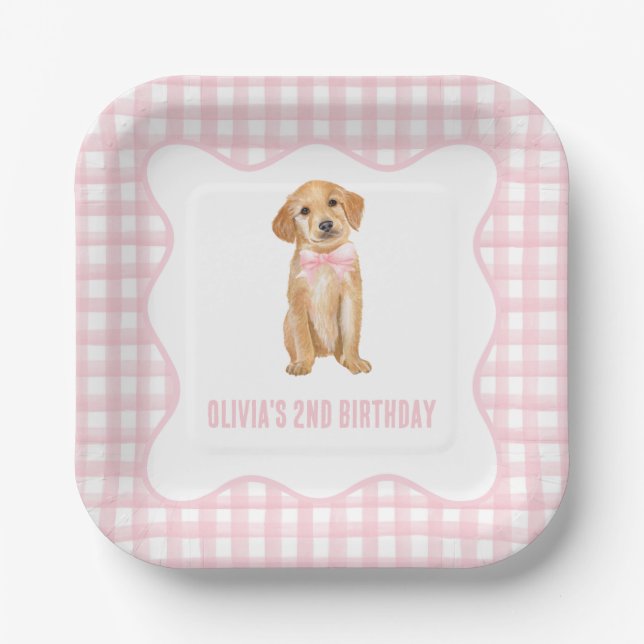 Assiettes En Carton Anniversaire de chiot préparé en carreaux roses (Recto)