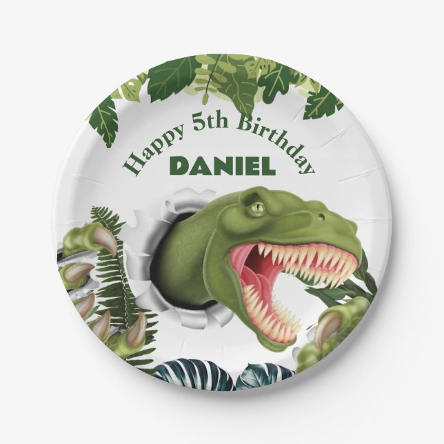 Assiettes En Carton Anniversaire de dinosaure 3D (Devant)