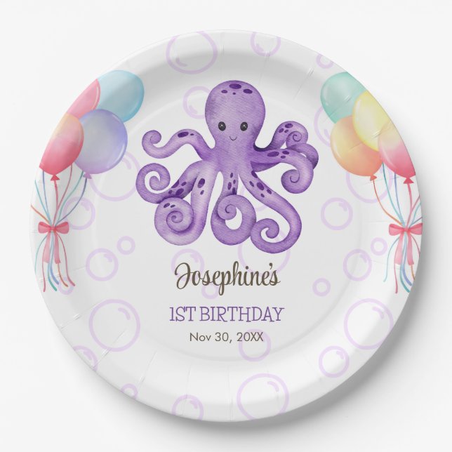 Assiettes En Carton Anniversaire de enfant de bulle violet Octopus (Devant)
