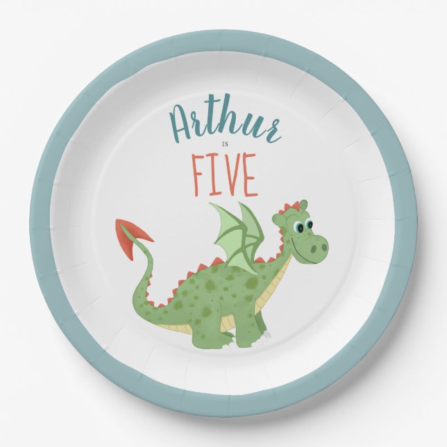 Assiettes En Carton Anniversaire de enfant de dragon vert mignon (Devant)