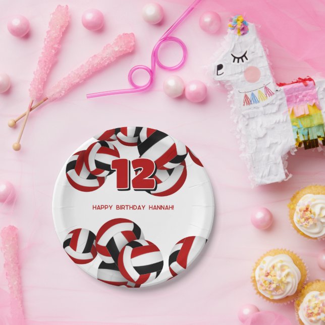 Assiettes En Carton anniversaire de enfant de volley-ball noir rouge (Fête)