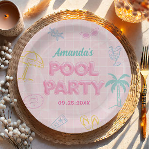 Assiettes En Carton Anniversaire de fille de fête au bord de la piscin