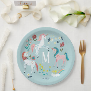 Assiettes En Carton Anniversaire de fille licorne bleu magique monogra
