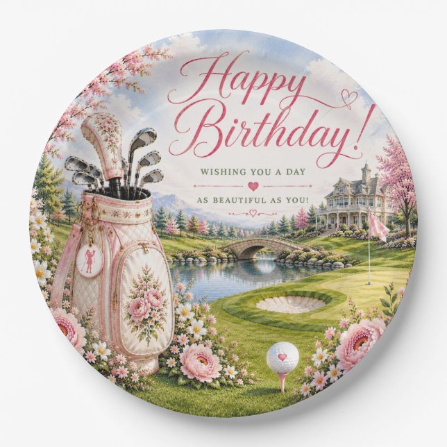 Assiettes En Carton Anniversaire de golf pour golfeuse  (Devant)