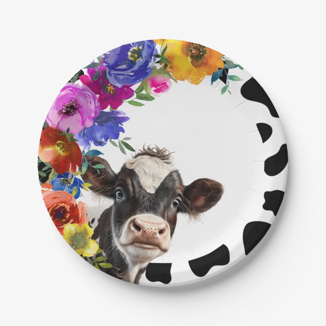 Assiettes En Carton Anniversaire de la belle vache florale (Devant)