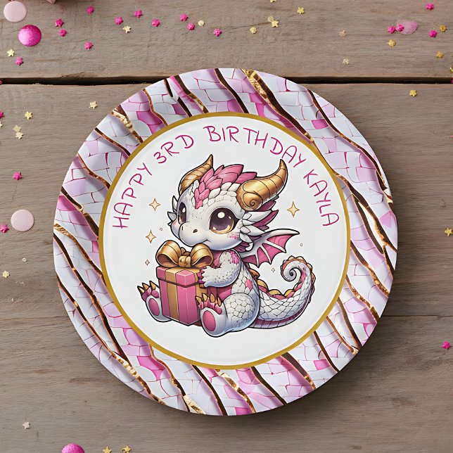 Assiettes En Carton Anniversaire de la fille Dragon d'or et de rose (Créateur téléchargé)