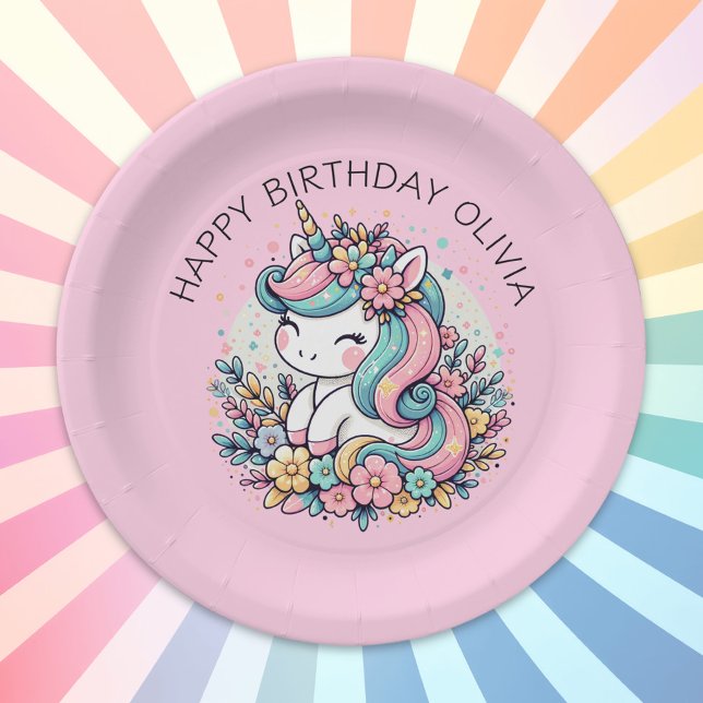 Assiettes En Carton Anniversaire de la fille Pink Unicorn personnalisé (Créateur téléchargé)