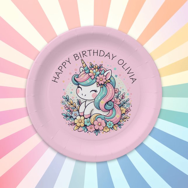 Assiettes En Carton Anniversaire de la fille Pink Unicorn personnalisé (Créateur téléchargé)