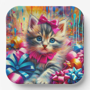 Assiettes En Carton Anniversaire de la fille rose et bleu Kitten