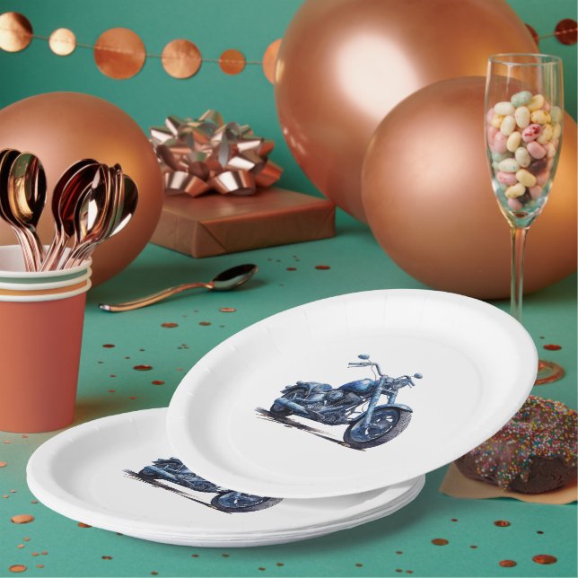 Assiettes En Carton Anniversaire de la Moto Bleue (Multi)