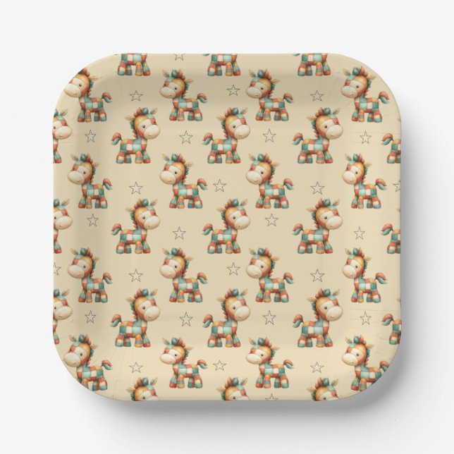 Assiettes En Carton Anniversaire de la Poney Patchwork Giddy-Up (Recto)