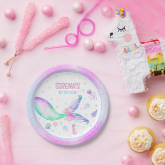 Assiettes En Carton Anniversaire de la sirène rose violet