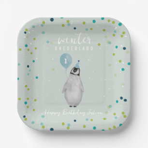 Assiettes En Carton Anniversaire de l'Onederland Blue Balloon Penguin